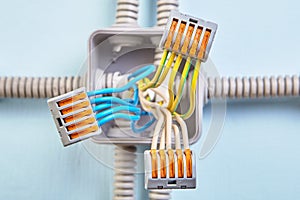 Electrical wires spliced inside junction box