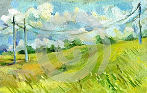 Electrical wires in the summer field oil on canvas illustration