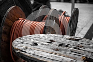 Electrical wires on wooden spool