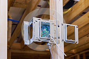 Electrical wiring for interior walls of a house under construction with metal box