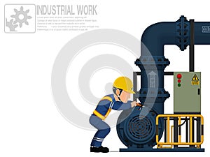 An electrical worker is repairing pump on white background