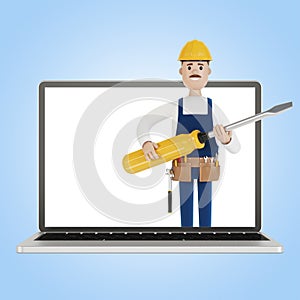 Electrician builder with a big screwdriver in the laptop screen. Husband for an hour. An electrician, plumber, carpenter calls the