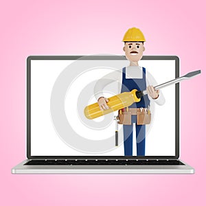 Electrician builder with a big screwdriver in the laptop screen. Husband for an hour. An electrician, plumber, carpenter calls the