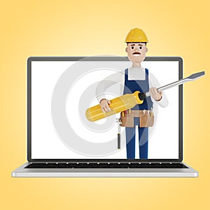 Electrician builder with a big screwdriver in the laptop screen. Husband for an hour. An electrician, plumber, carpenter calls the