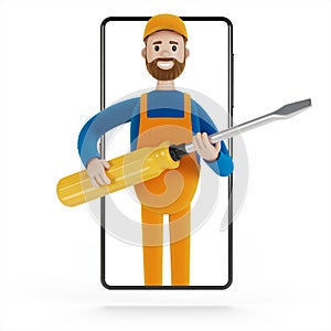 Electrician builder with a big screwdriver in the smartphone screen. Husband for an hour. Electrician, plumber, carpenter, calling