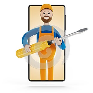 Electrician builder with a big screwdriver in the smartphone screen. Husband for an hour. Electrician, plumber, carpenter, calling