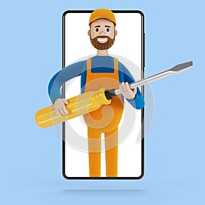 Electrician builder with a big screwdriver in the smartphone screen. Husband for an hour. Electrician, plumber, carpenter, calling