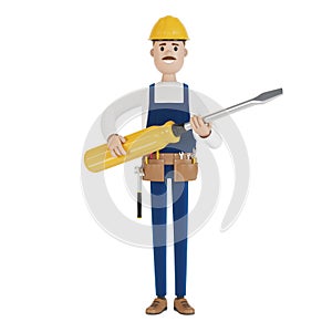 Electrician builder with a large screwdriver in his hands.