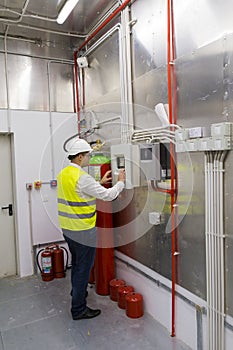 Electrician checking the power panel