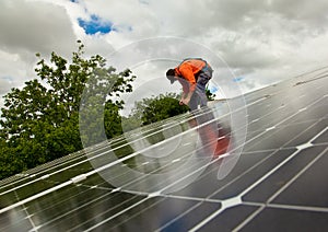 Electrician checking solar panels