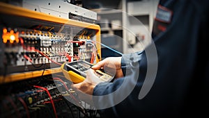 Electrician checking voltage in electrical panel with digital multimeter. Electrical background