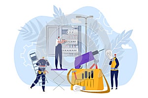Electrician concept, electric technician worker, vector illustration. Professional electricity maintenance, electrical