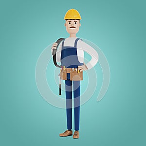 Electrician construction worker with tools and with a wire