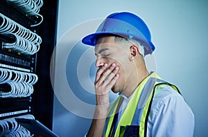 Electrician, control room with man yawning, tired with tablet and tech, power box with update and burnout. Fatigue