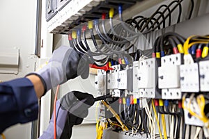 Electrician engineer tests electrical installations and wires on relay protection system. Adjustment of scheme of automation and