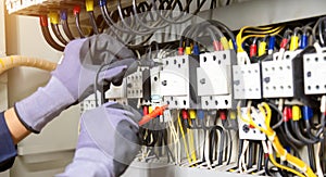 Electrician engineer tests electrical installations and wires on relay protection system. Adjustment of scheme of automation and