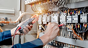 Electrician engineer uses a multimeter to test the electrical installation and power line current in an electrical system control