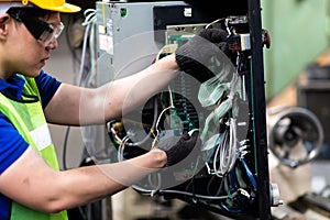 Electrician Engineers repairing machinery in industrial plants. worker Working at the Heavy Industry Manufacturing Facility