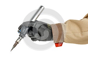 Electrician hand in black protective glove and brown uniform holding modern gas soldering iron isolated on white background