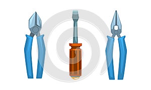 Electrician Hand Tool and Equipment with Pliers and Screwdriver Vector Set