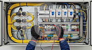 Electrician Inspecting Electrical Panel with Multimeter Tool
