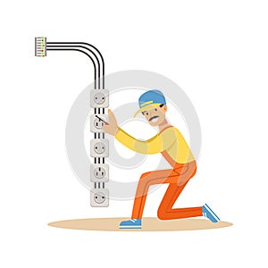 Electrician installing electrical equipment and sockets, electric man performing electrical works vector Illustration