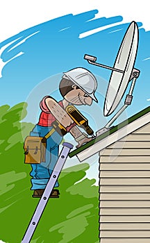 Electrician installs the satellite antenna on a roof