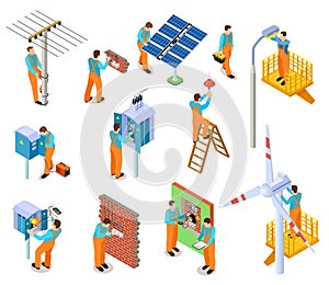 Electrician isometric set. Workers doing safety electric works. Electrical maintenance man repairing power lines vector