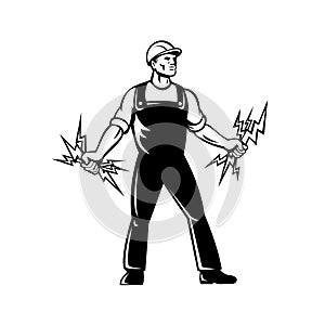 Electrician Lineworker Holding A Bunch of Lightning Bolt Standing Retro Black and White