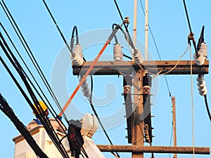 Electrician man working at height and dangerous ,high voltage power line