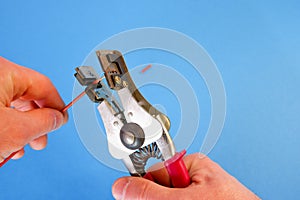 The electrician removes the insulation from the wire using a special stripper tool. Close-up on hands on a blue background