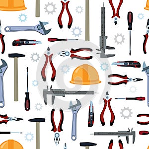 Electrician, repairman, construction worker hand tools seamless pattern, wallpaper, background.