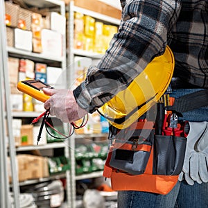 Electrician in the store of electrical components. Electricity