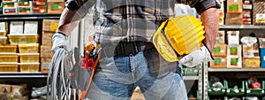 Electrician in the store of electrical components. Electricity