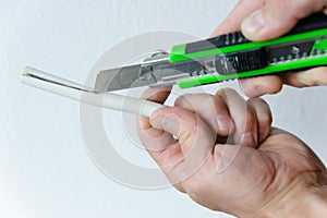 Electrician stripping white wire photo