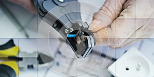 Electrician stripping a wire, geometric pattern