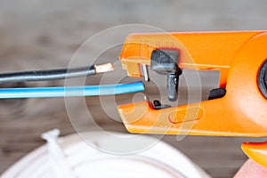 Electrician stripping wires photo