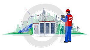 Electrician technician engineer diagnostics electricity power supply grid transmission photo