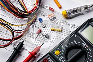 Electrician tools and electrical equipment on wiring diagram photo