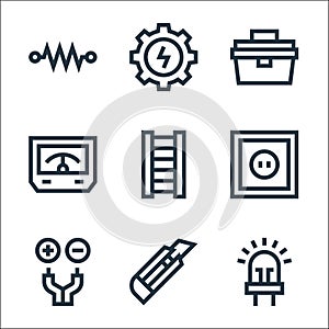 Electrician tools and line icons. linear set. quality vector line set such as diode, cutter, wires, power socket, ladder,