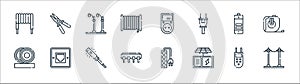 Electrician tools and line icons. linear set. quality vector line set such as electric pole, solar panel, electrical circuit,