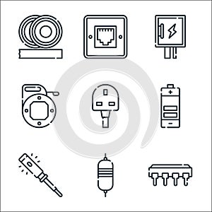 electrician tools and line icons. linear set. quality vector line set such as electrical circuit, resistor, tester, battery, g,