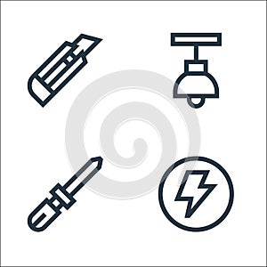 Electrician tools and line icons. linear set. quality vector line set such as electricity, awl, lamp
