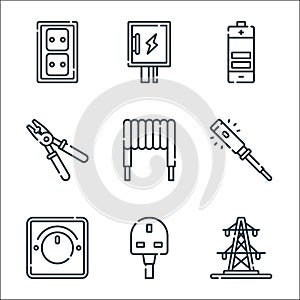 electrician tools and line icons. linear set. quality vector line set such as pylon, g, dimmer, tester, inductor, wire stripper,