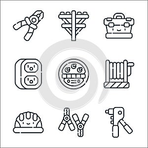 electrician tools and line icons. linear set. quality vector line set such as riveter, alligator, security helmet, cable, watt,