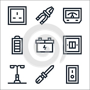 electrician tools and line icons. linear set. quality vector line set such as switch on, awl, street lamp, light switch,