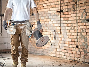 Electrician with tools, working on a construction site. Repair and handyman concept