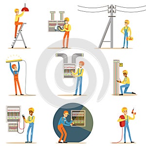 Electrician In Uniform And Hard Hat Working With Electric Cables And Wires, Fixing Electricity Problems Indoors And