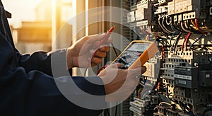 Electrician Using Multimeter on Electrical Panel - Safety Inspection and Maintenance