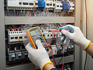 Electrician using a multimeter to test voltage in an electrical panel